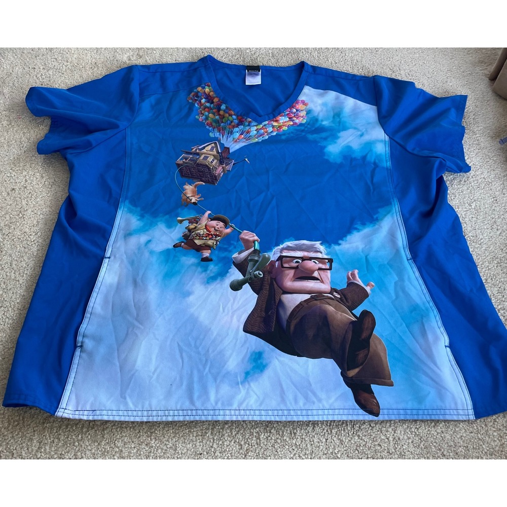 Disney Pixar Up Movie Scrub Top Women 3XL Blue Carl Russell Dug TF637 V-Neck